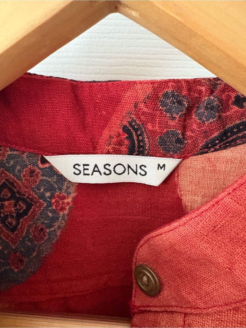 Vintage SEASONS Red Linen Abstract Geometric Print Midi Shirt Dress Pockets M - Picture 3 of 6